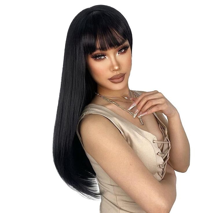 Long Black Wig with Bangs,Heat Resistant Fiber Synthetic Hair Cosplay Party S…