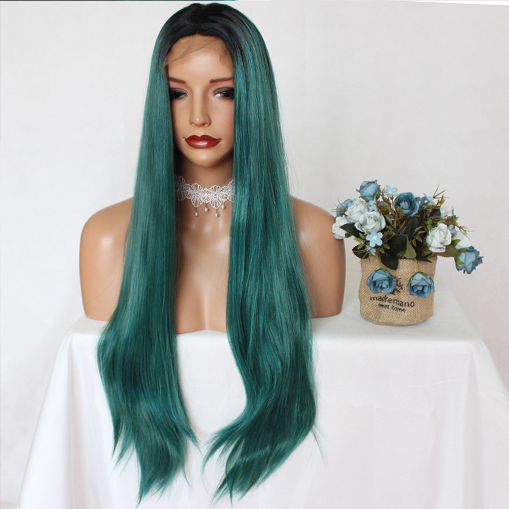 Ombre Green Color Long Synthetic Lace Front Wig Full Hair Wig Straight Heat Safe