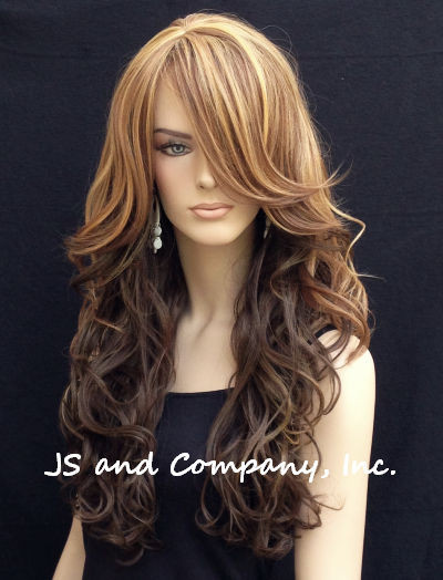 Loose wavy Full Human hair Blend wig bangs Heat OK Long Multi color wnta