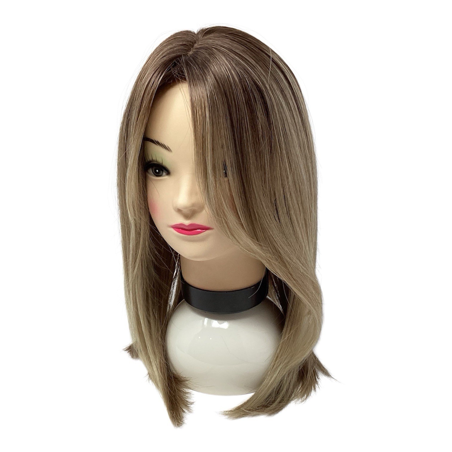 Ash Blond Wig 16” With Bangs Ombré Gradient Dark Roots Rooted Middle Part