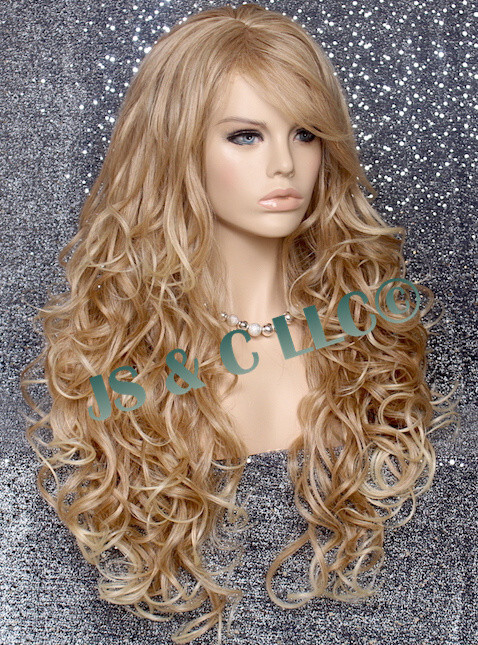 Human Hair Blend Wig Heat OK Curly Long Blonde mix Bangs Layered 27-613 NWT WBBT