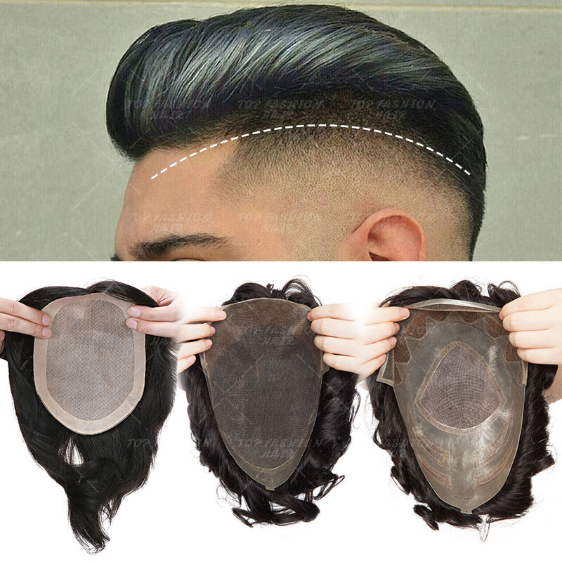 Mens Replacement System Thin Full PU Wig Frontal Toupee Topper Human Hair Gray