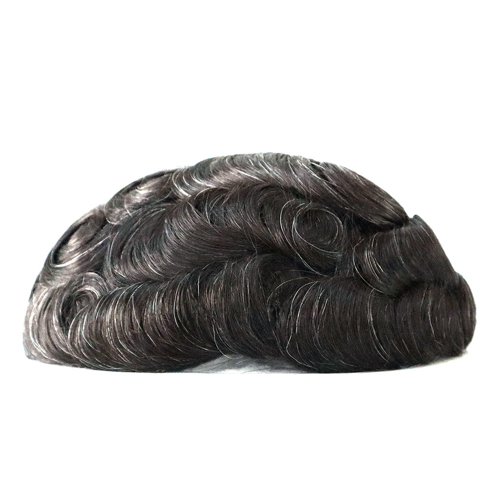 Super Mens Toupee Thin Skin Human Hair Replacement System Hairpieces Black Grey