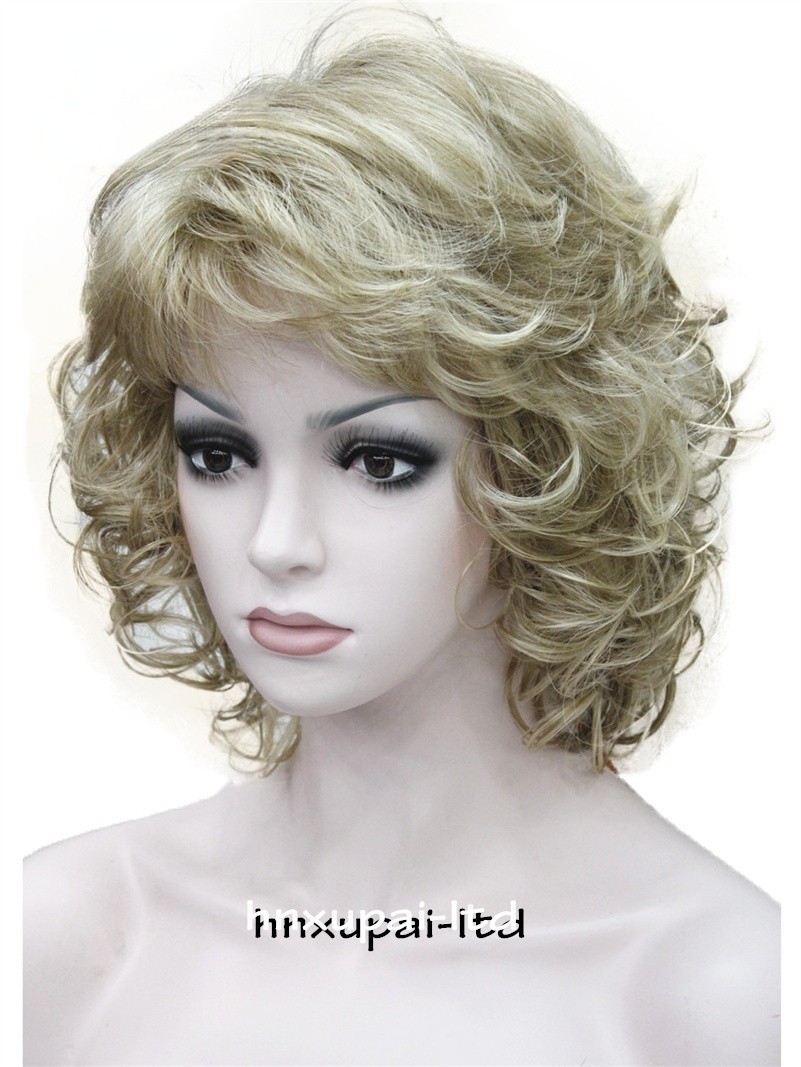 Short Loose Curls Curly Ash Brown Blonde Mix Synthetic Hair Wigs Women Soft