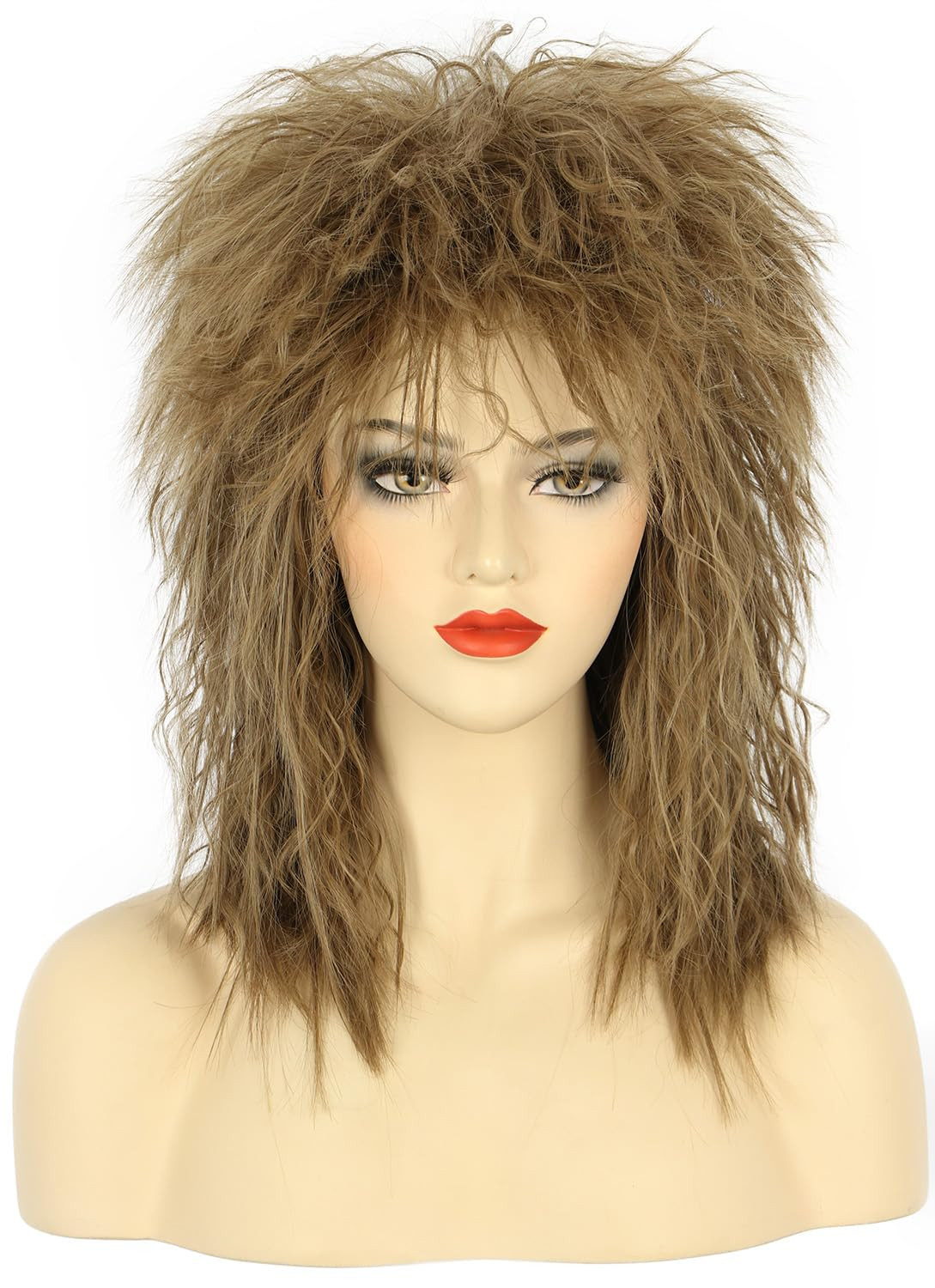 Women Men Long Curly Light Brown Wig 70s 80s Rocker Mullet Costume Wig Halloween