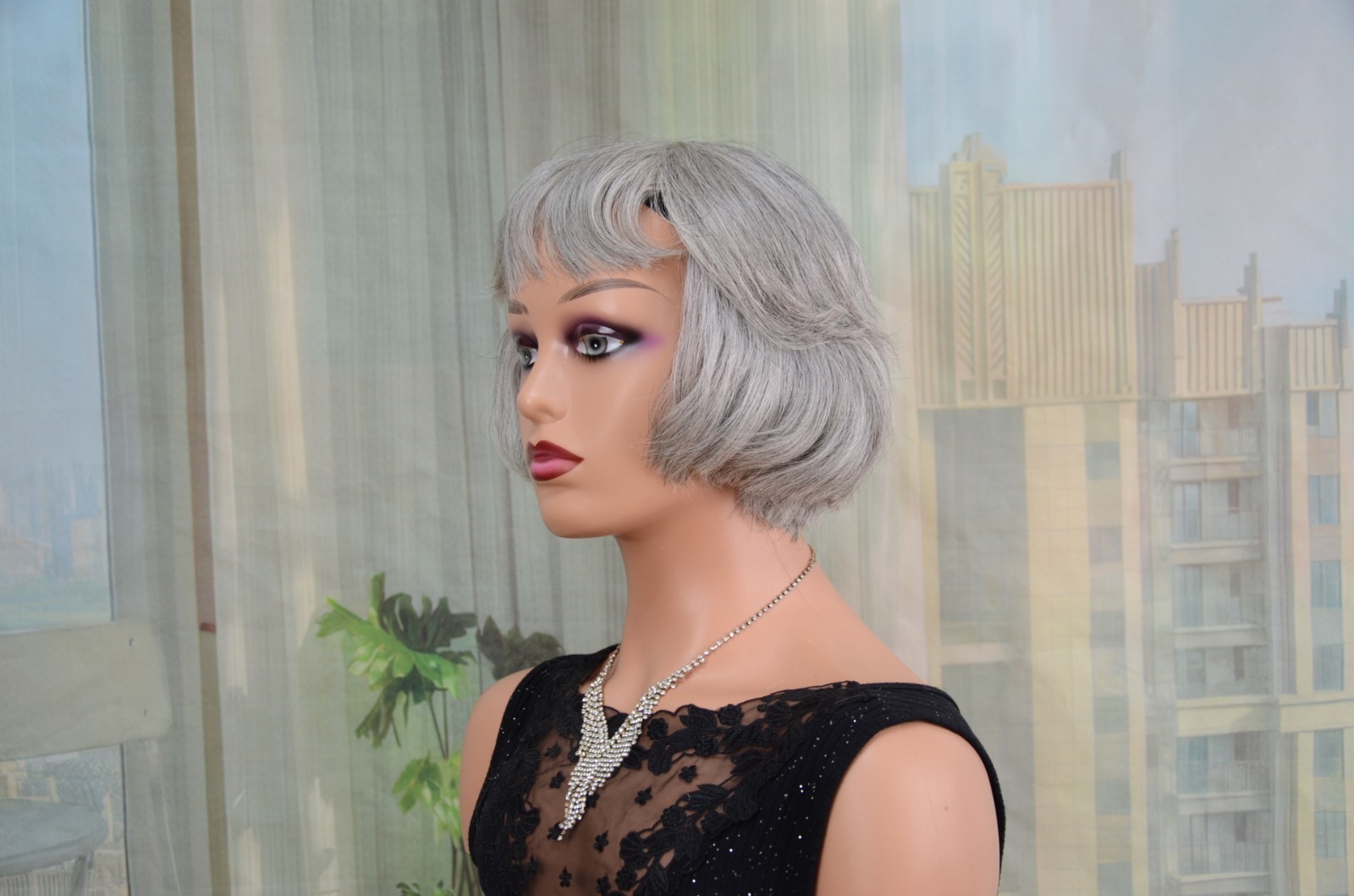 Women’s Short Gray Bob Wig, 100% Human Hair Ful Short Full Head Wig