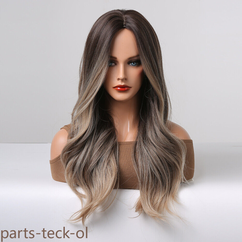 Fanshion Long Wavy Ombre Brown Light Blonde Synthetic Wigs for Women Hair Wig US