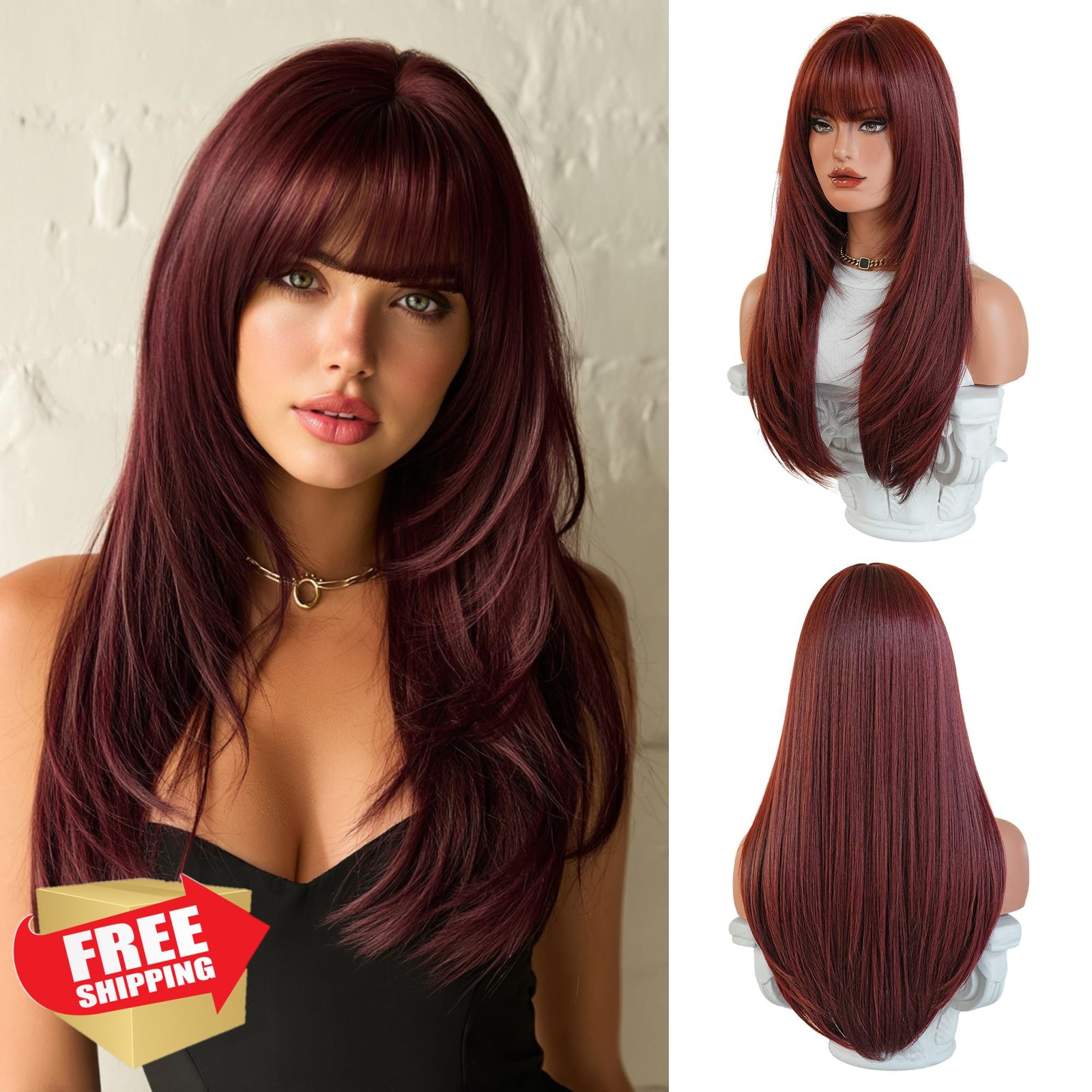PARK YUN Auburn Maroon Layered Wig with Bangs Synthetic 27″