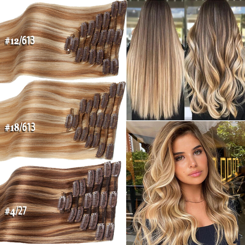 Real Russian Remy 100% Human Hair Extensions Clip in 8 Pieces 18Clips Full Head