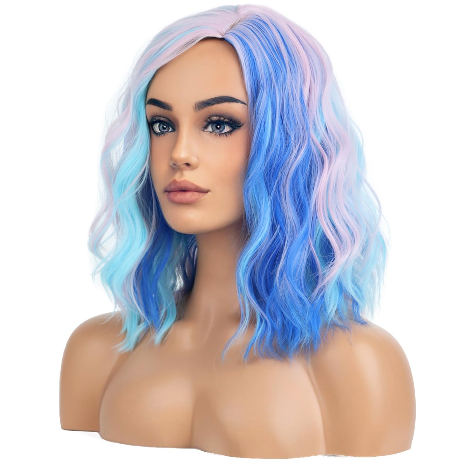 Pink and Blue Wigs for Womens Short Curly Wavy Wig Girls Colorful Side Part W…