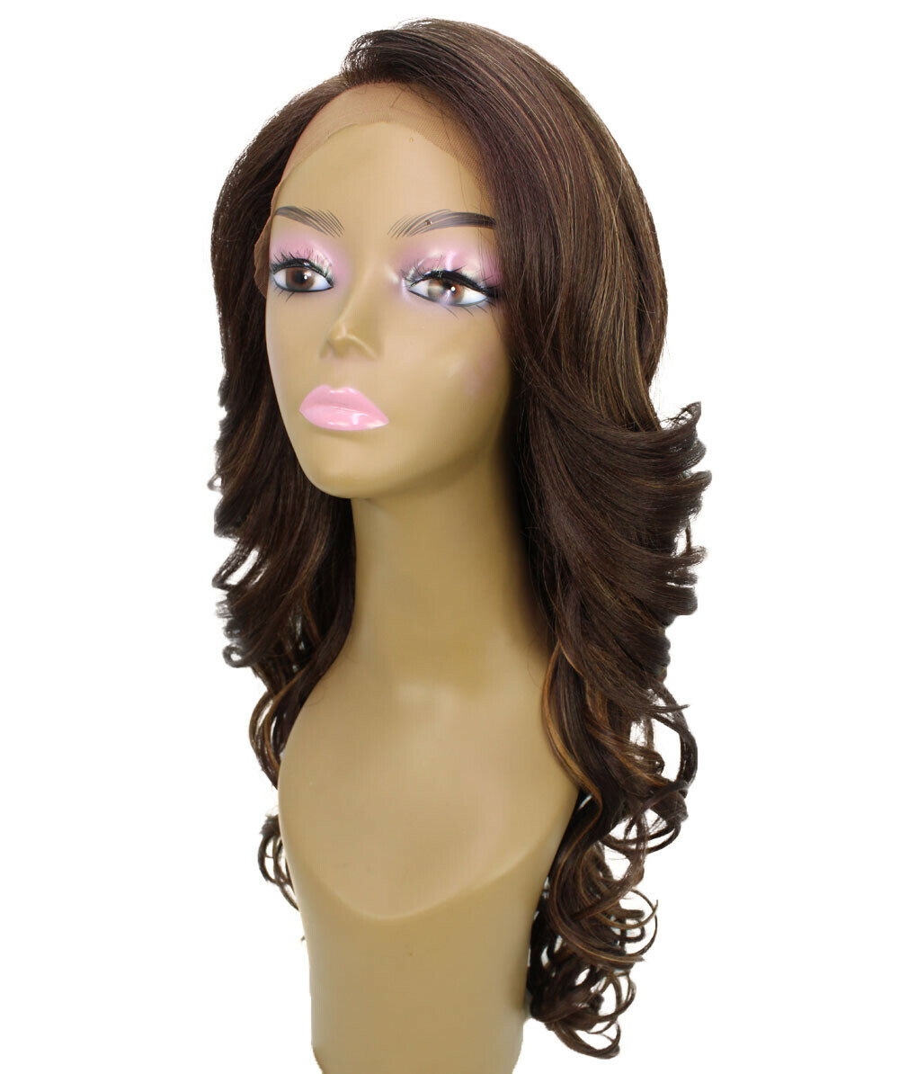 Wavy 24.5 in 13×2.5 Hand Tied Lace Front Wig, Brown with Golden Highlights