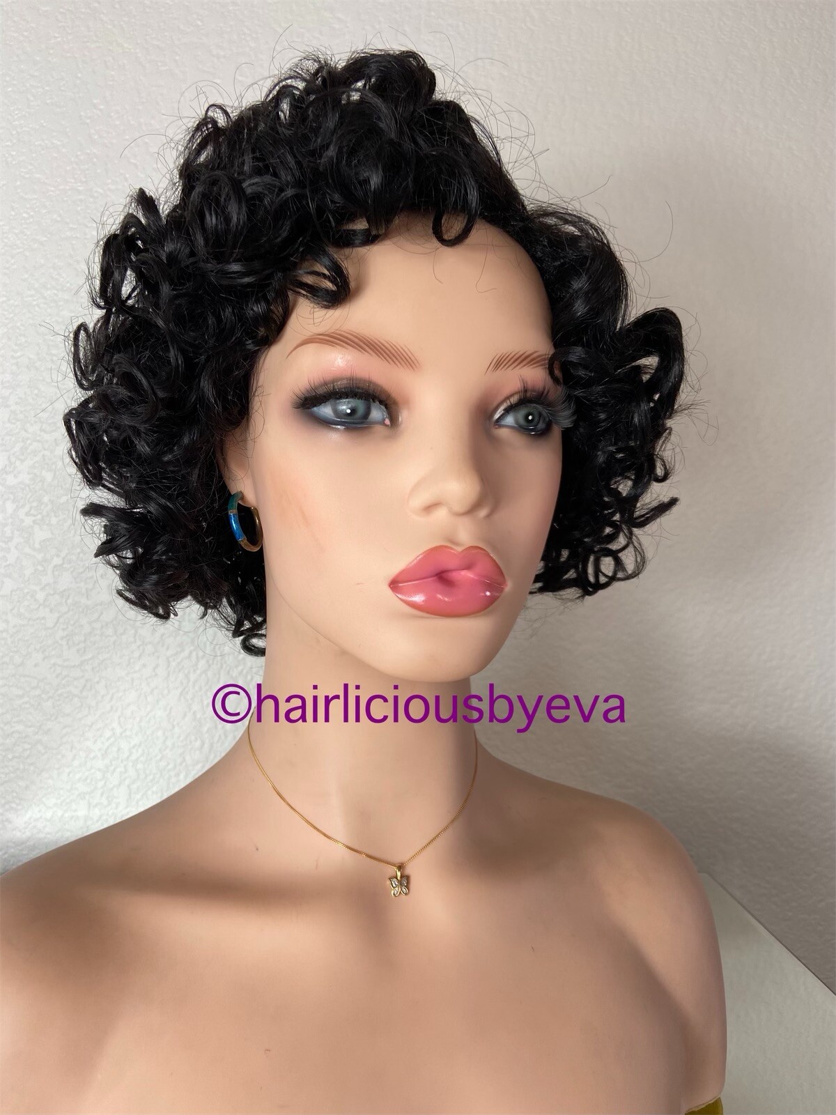 African American Curly Wig Short Black Side Part