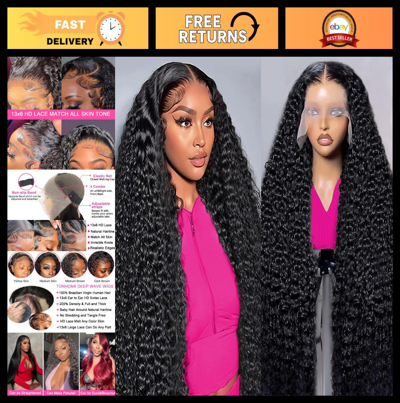 30″ Deep Wave Lace Front Wig – 200 Density, 13×6 HD Frontal, Pre-Plucked, Curly,
