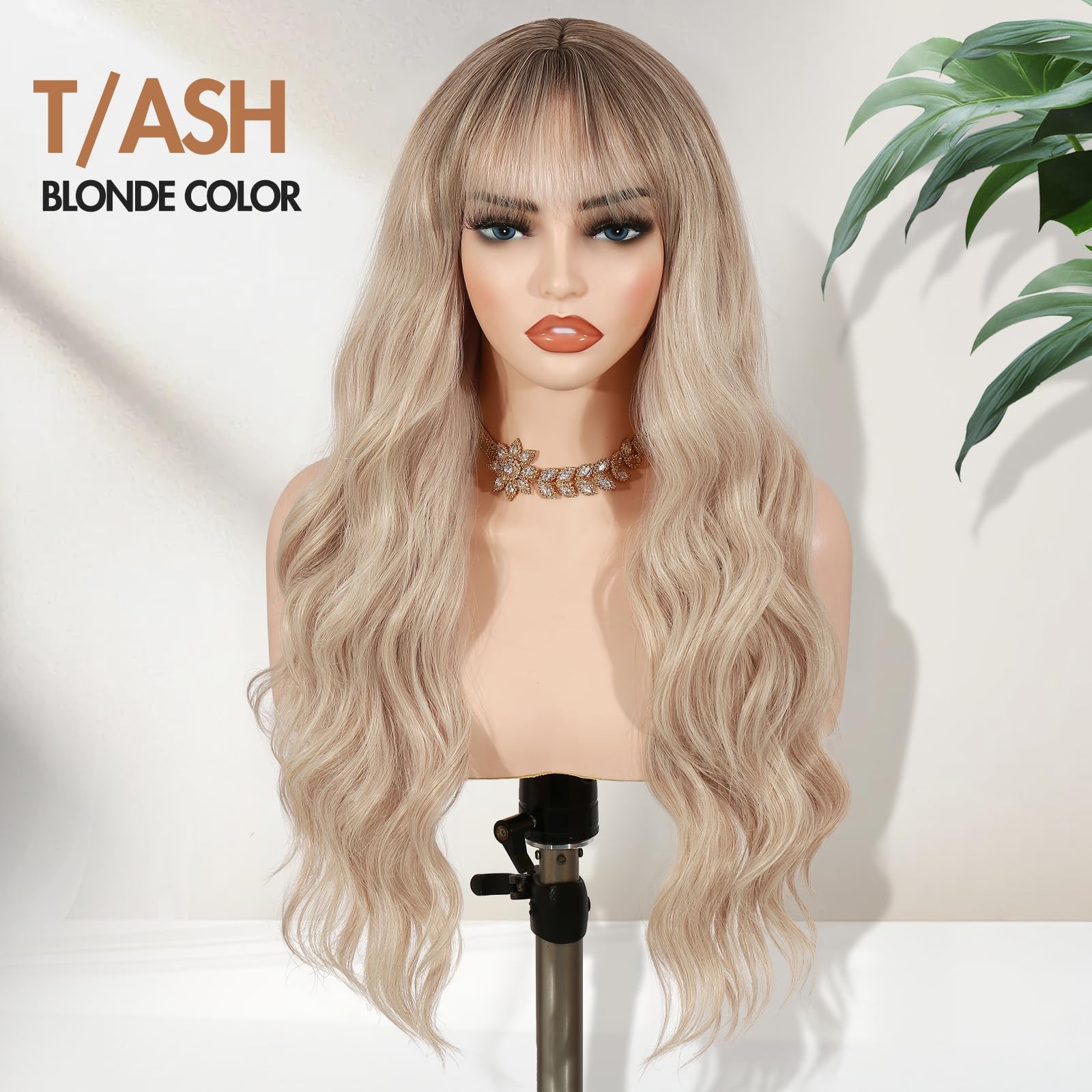 Strawberry Blonde Wig with Bangs T/Ash Blonde Ombre with Dark Roots Heat Resi…