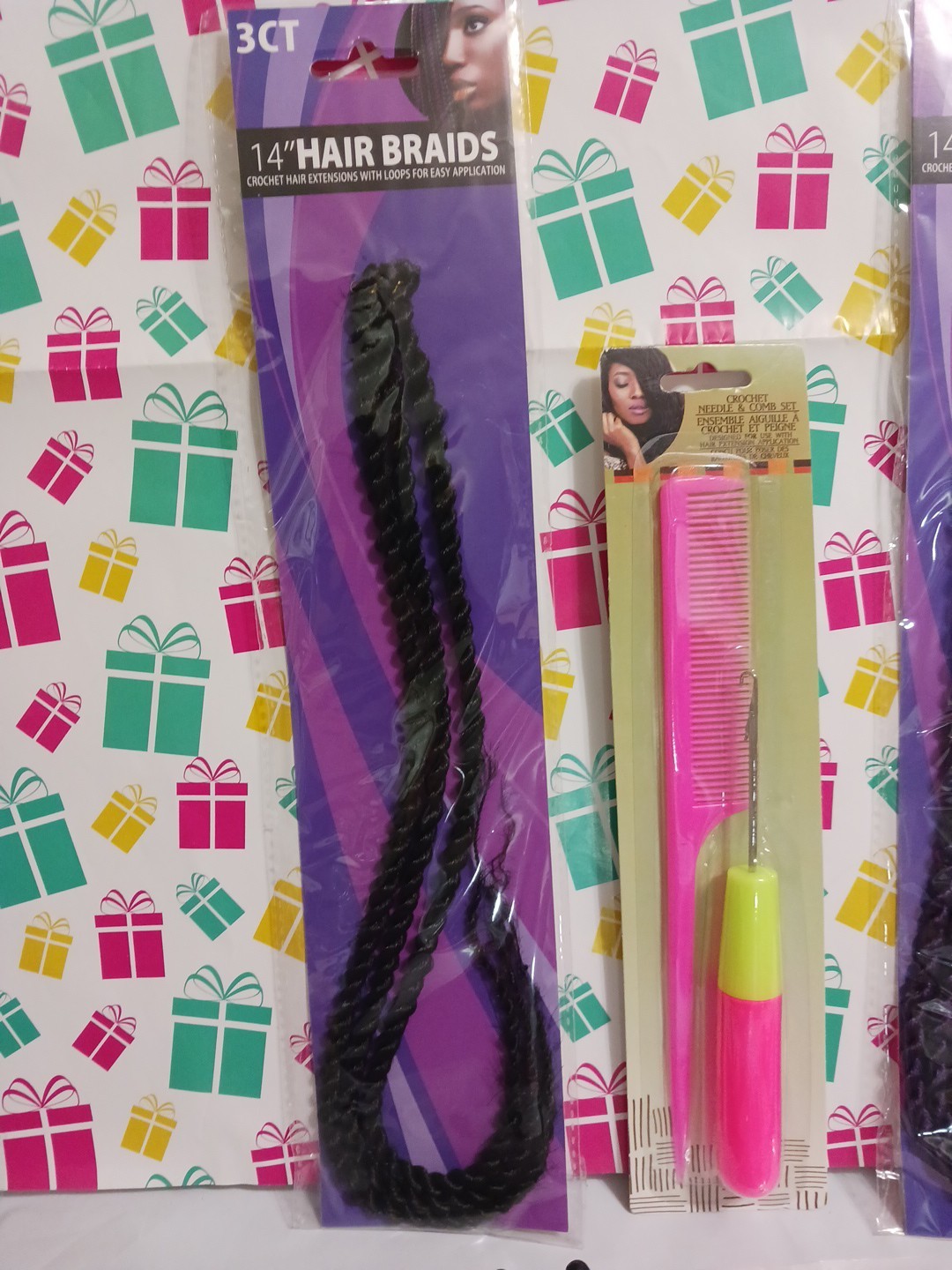 Hair Braids 14″ black + purple. crochet needle, comb, seperater comb, wrap.