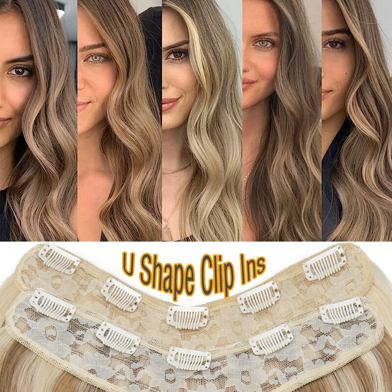 V-Shape Clip In Human Hair Extensions One Piece Weft 3/4 Full Head Thick 16″-20″