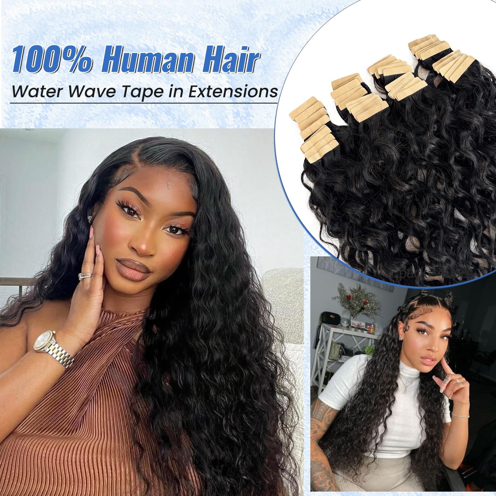 Licoville Water Wave Tape Ins Hair Extensions Human Hair For Black Women 100G