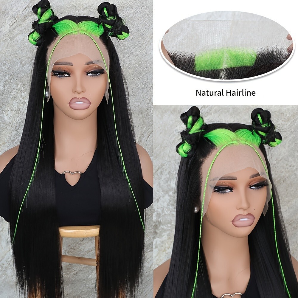 Green Highlight Black Skunk Stripe Frontal Lace Wigs Synthetic Glueless Straight
