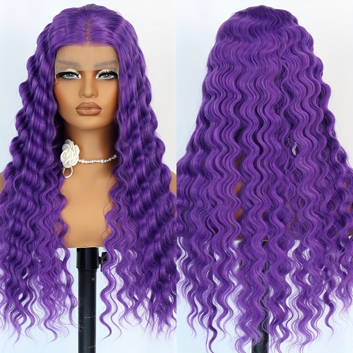 Long Deep Wave Glueless Lace Front Wigs Purple Hair Heat Resistant Women Party