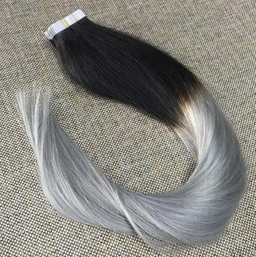Tape in Human Hair Extensions Skin Wefts Remy Hair Ombre Black to Silver Gray