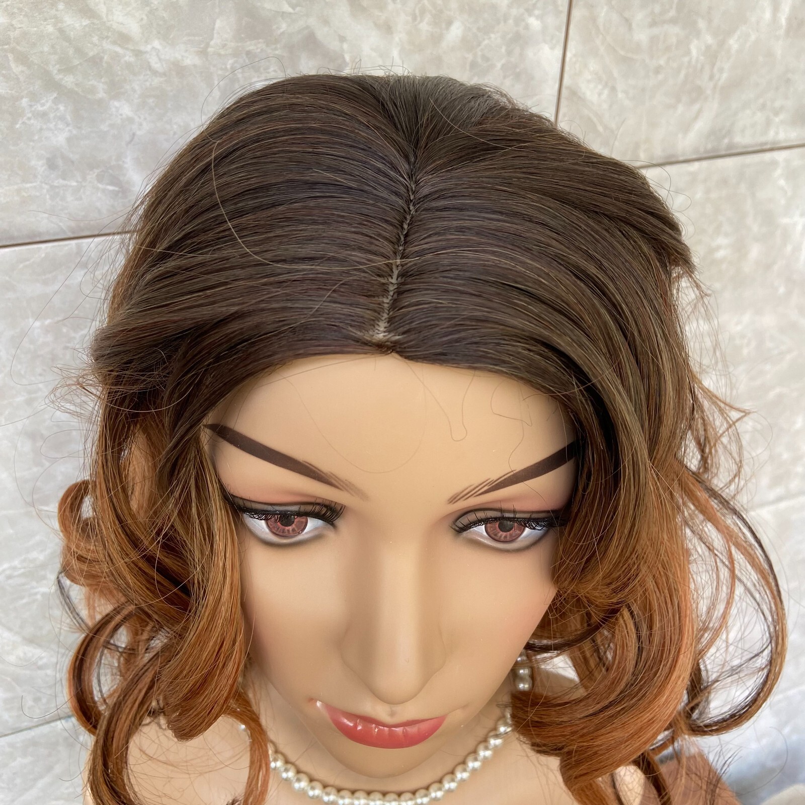 Medium Curly Wavy 100% Human Hair Blend Heat Ok Wigs Brown Mix Blonde Women Soft