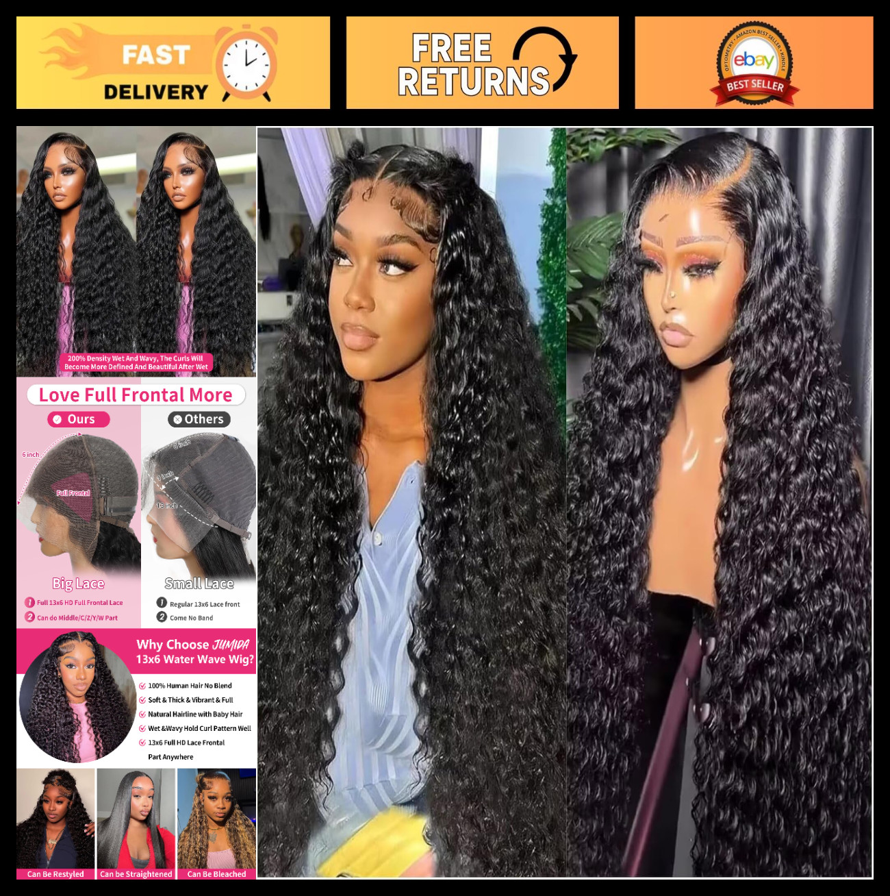 30″ 13×6 Lace Front Human Hair Wig – Water Wave, 200 Density, Pre-Plucked, Gluel