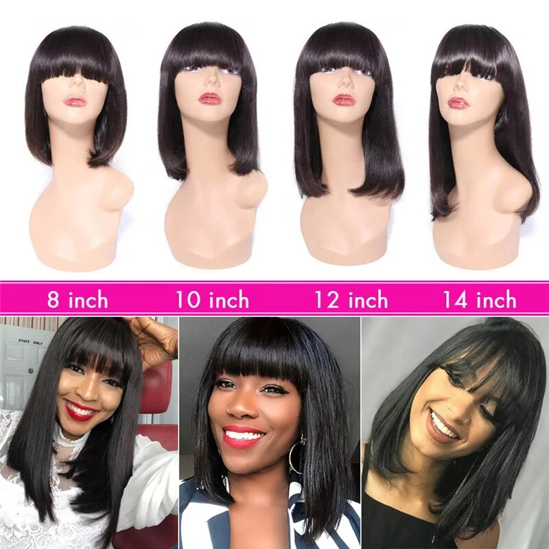 Bone Straight Full Machine Made Bob Wigs with Bangs Brazilian Hair Bob Wigs