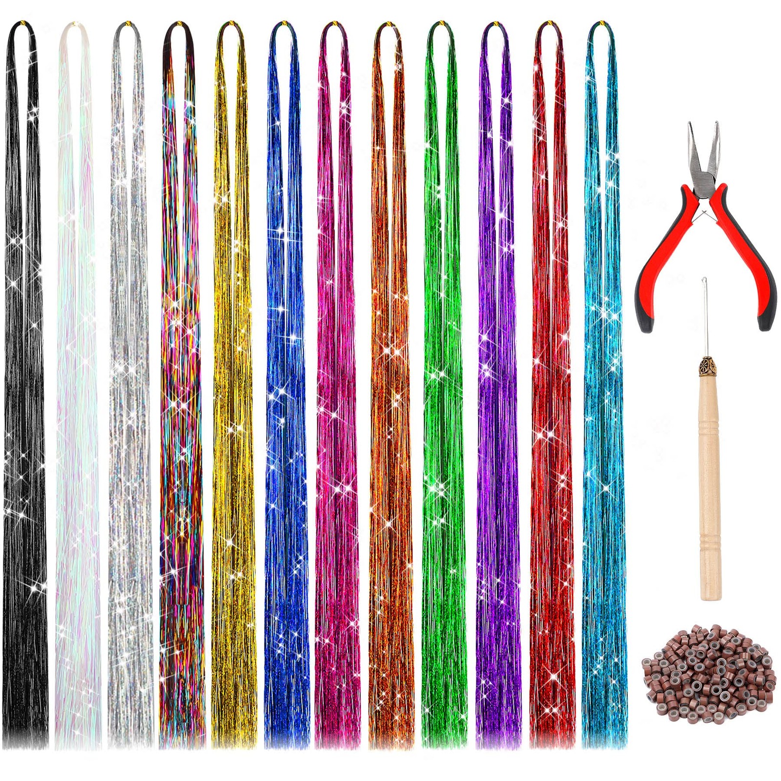 47 Inches Tinsel Hair Extension With Tool 12 Colors 2400 Strands Hair Extension