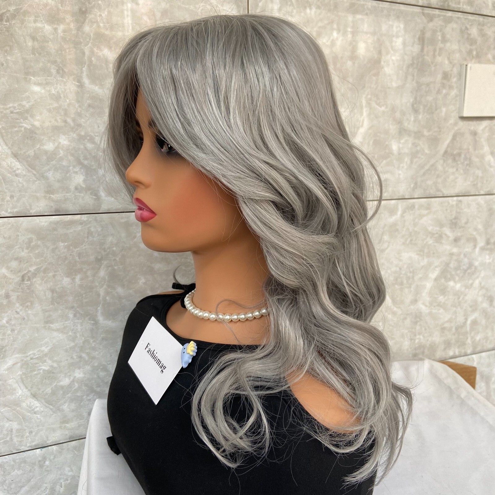 Long Wavy Soft Human Hair Blend Heat Ok Wigs Women Grandma Gray Natural
