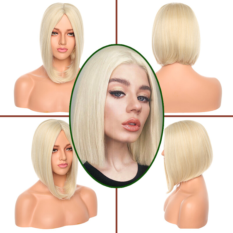 12″+ Women Short Bob Synthetic Lace Front Wig Baby Hair Silky Straight Black US