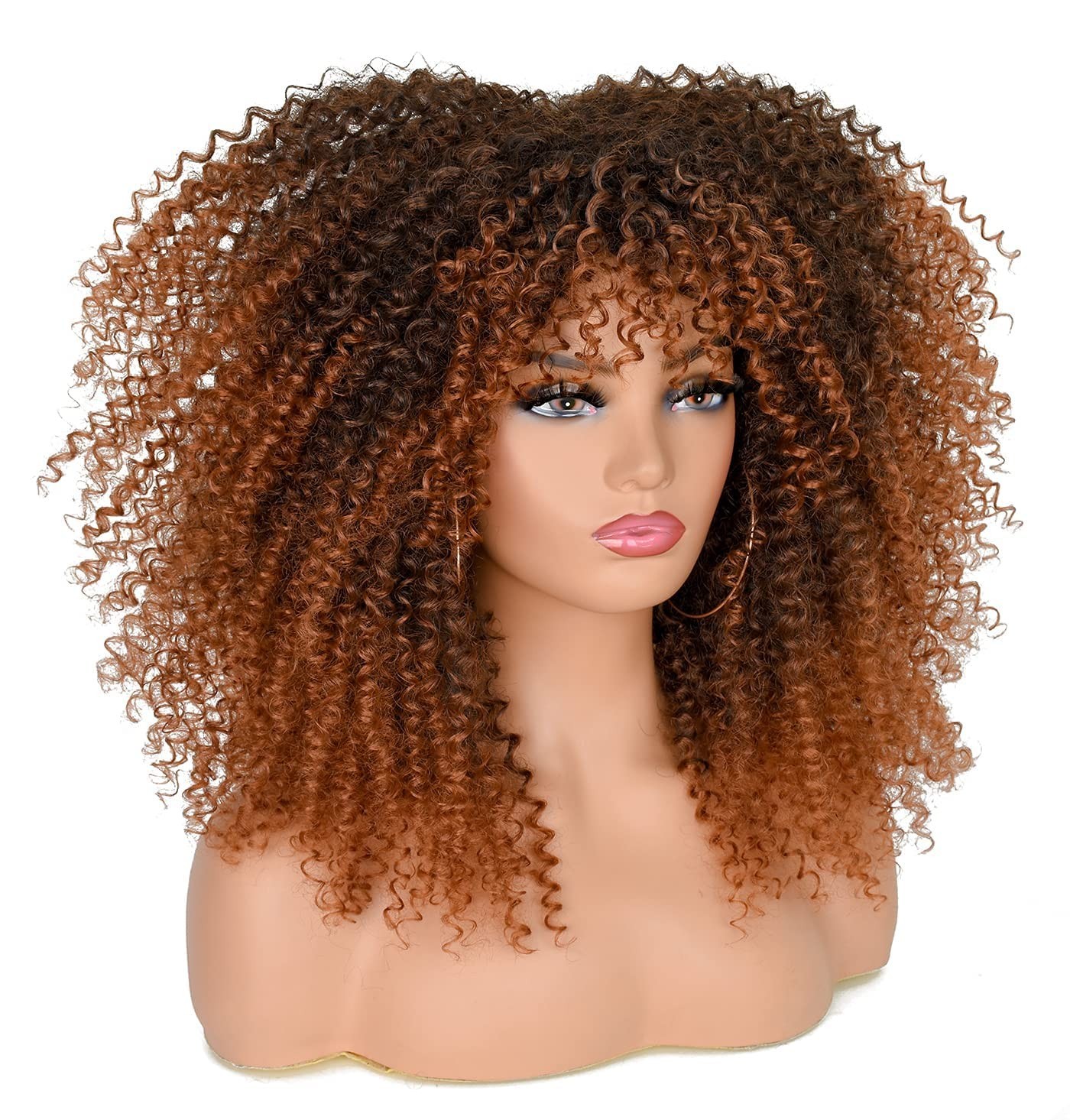 16-Inch Glueless Afro Curly Wig with Bangs – Black to Brown Heat-Resistant Style