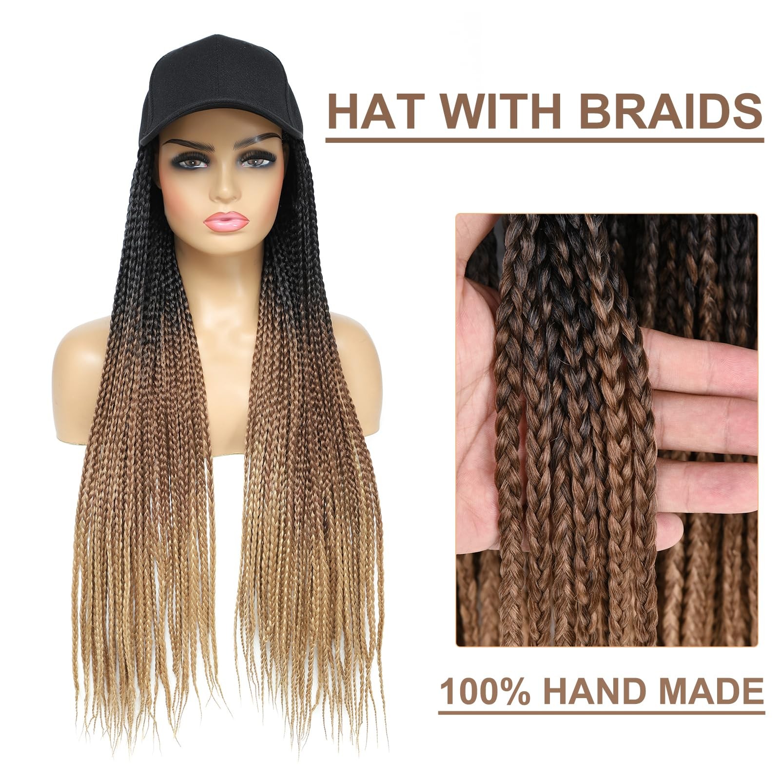 Yunkang Hat Wig for Women Baseball Cap with Braided 24 Inch (Pack of 1), 53