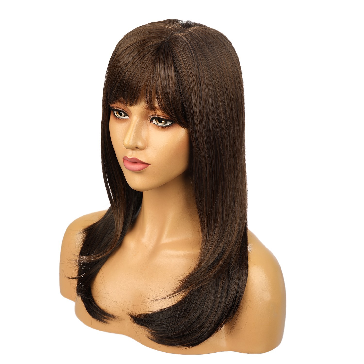 55cm Color Brown High Temperature Fiber Hair Wigs With Bangs For Women Rose net