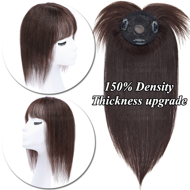 Women 100% Remy Human Hair Mono Topper With Bangs Clip In Hairpiece Toupee Wigs