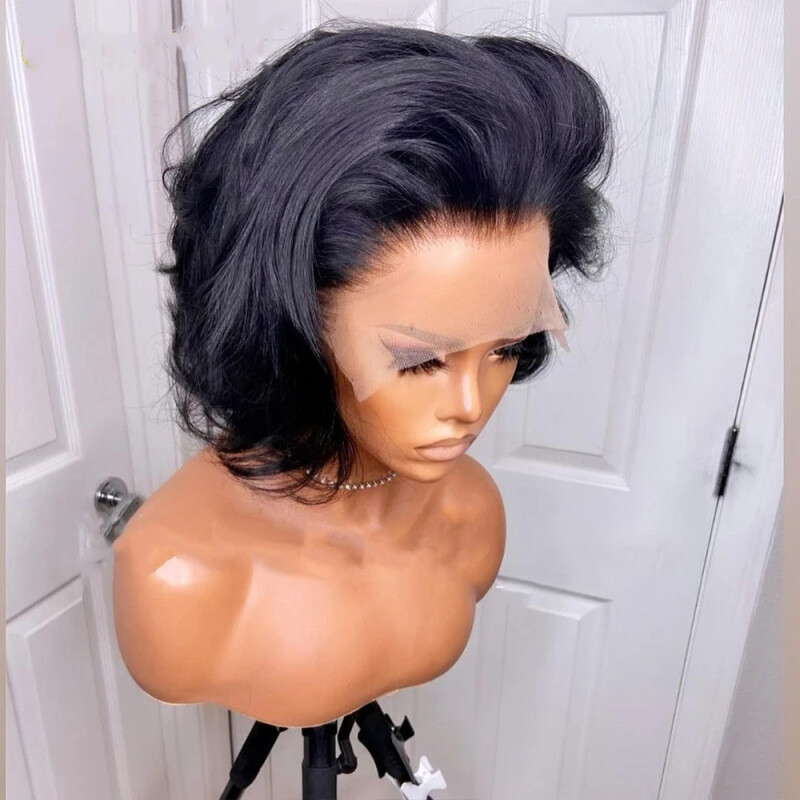 Full Black Short Pixie Cut Wigs 13×4 Lace Front Human Hair Wigs 8″ 200% Density