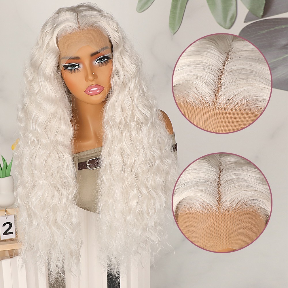 White Hair Loose Curly Water Wave Synthetic Lace Front Wigs Heat Resistant Party