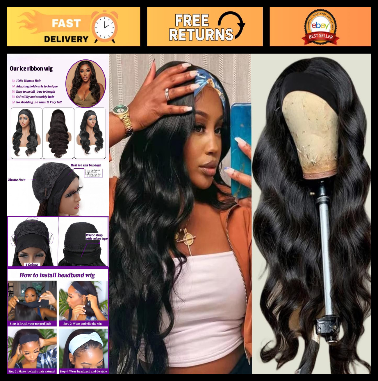 Body Wave Headband Wig for Black Women – 100% Brazilian Human Hair, 150% Density