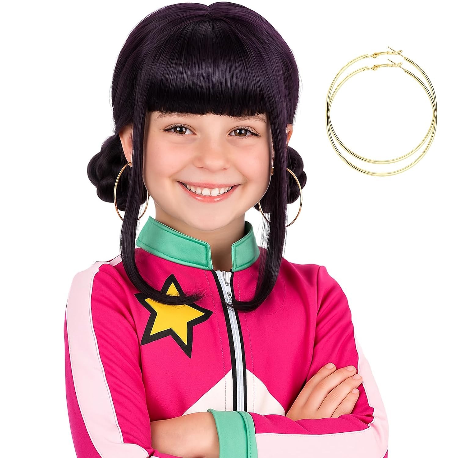 KPop Demon Hunter Zoey Wig Kid Size Purple with Bangs & 2 Buns Halloween Costume
