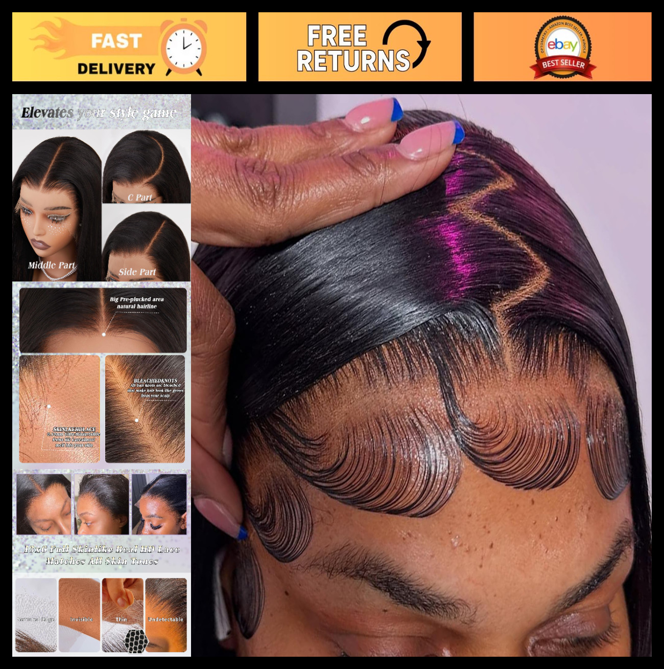 38″ 13×6 Lace Frontal Wig Human Hair, Straight, Pre-Plucked, Bleached Knots, Ult