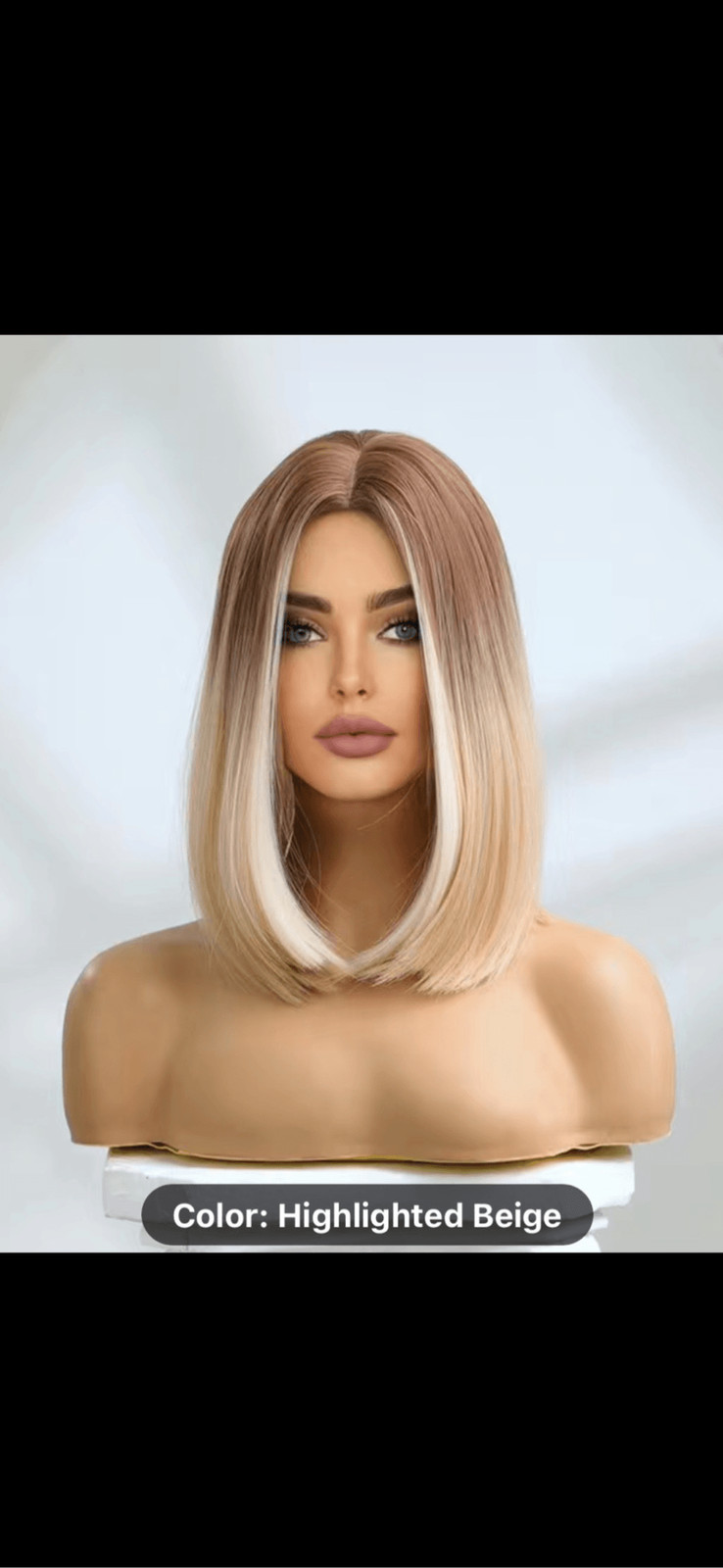 Blonde and beige highlighted 16 inch Shoulder length straight bob with middle pa