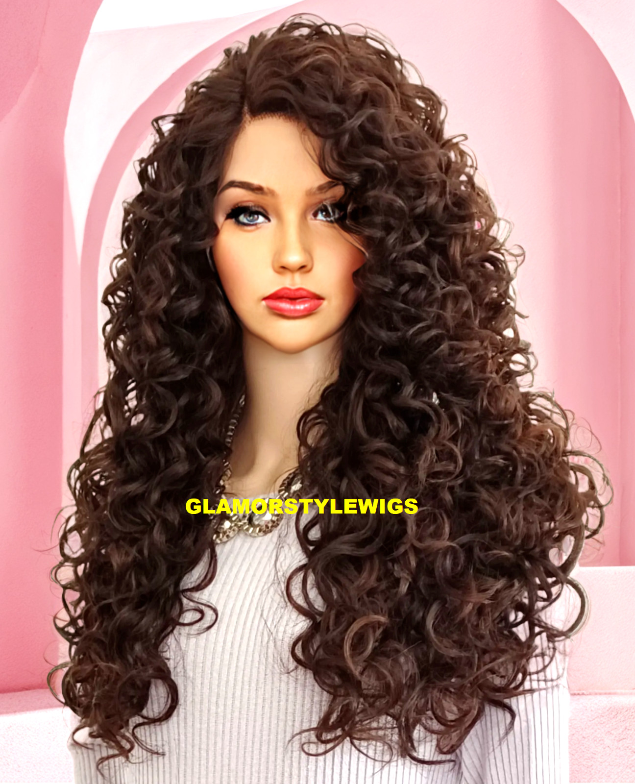 32″ LACE FRONT FULL WIG LONG SPIRAL CURL LAYERED SIDE PART BROWN AUBURN MIX NWT