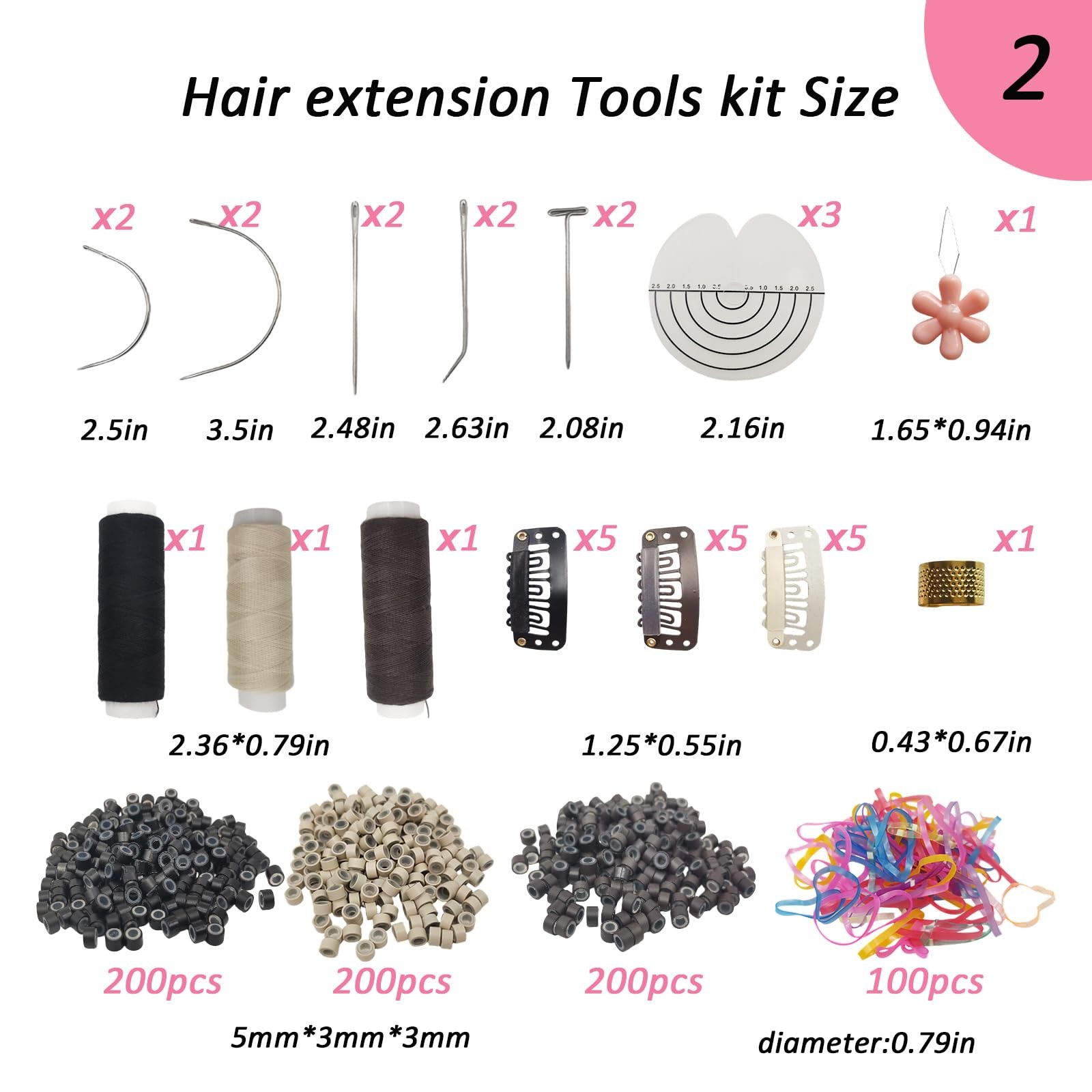 Sew in Hair Extensions Kit, Micro Ring Beads Tool 16 tools Pink/Black