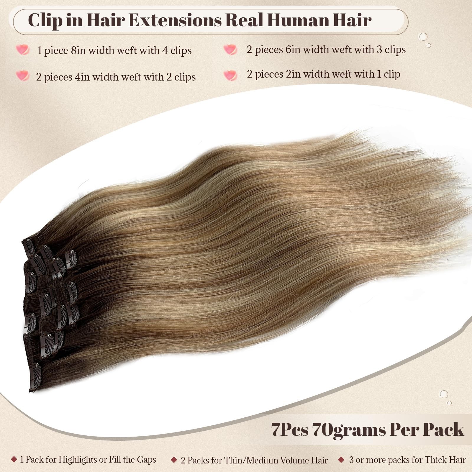 Licoville Balayage Clip In Hair Extensions Human Hair Walnut Ash Brown And