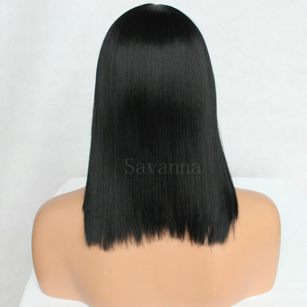 Women’s Black Bob Wig Short Straight Synthetic Fiber Hair Full Bangs Cosplay Wig