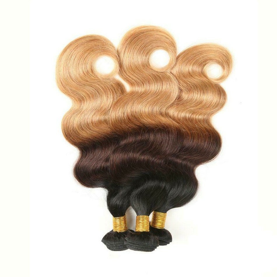 12A BRAZILIAN VIRGIN HUMAN HAIR 1B#/4#/27# 3TONES OMBRE 16+18+20INCH BODY WAVES