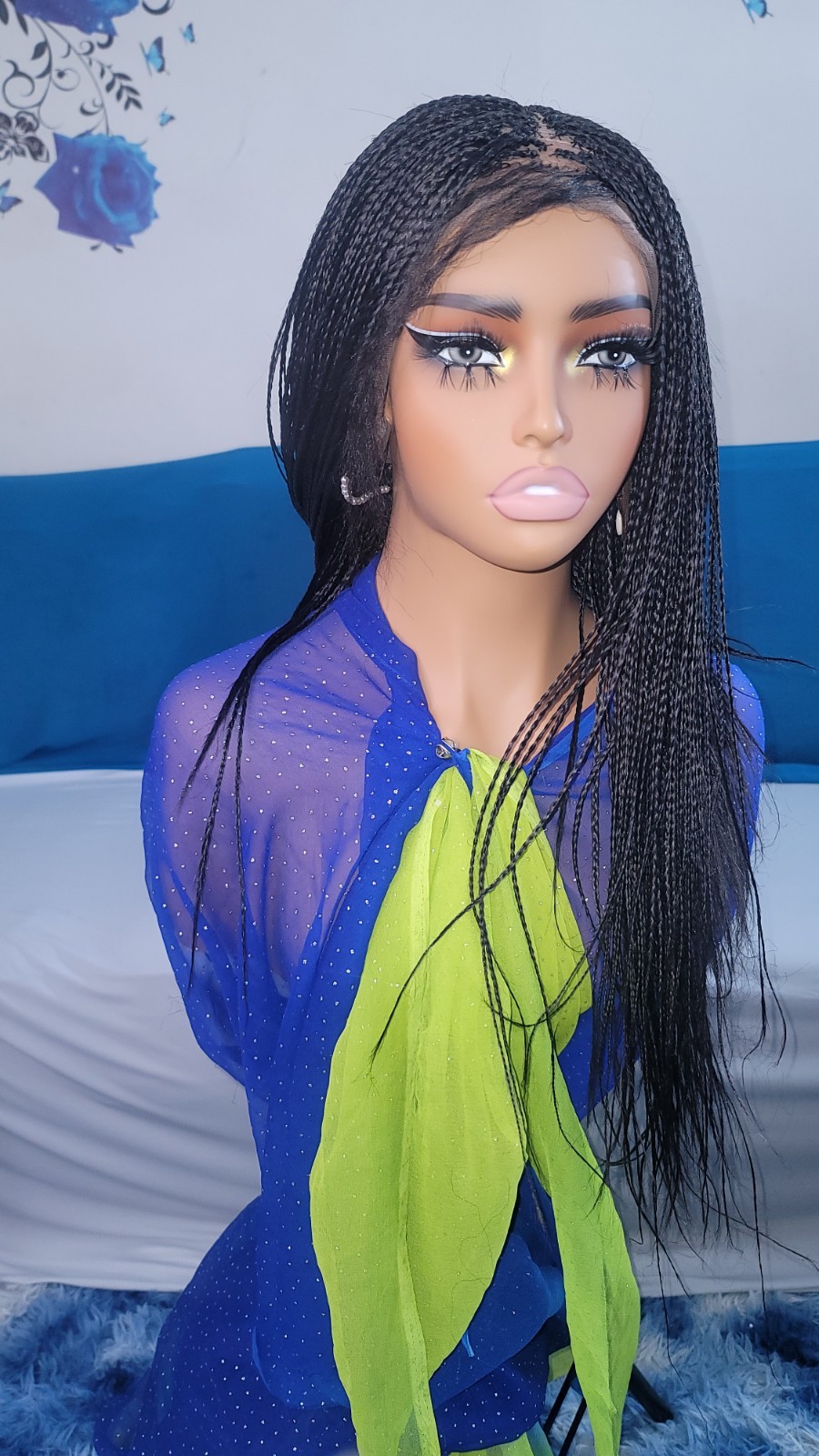 Braided Wig Full Lace Glueless 16″ Micro Boho Braids Jet Black #1 Short Handmade