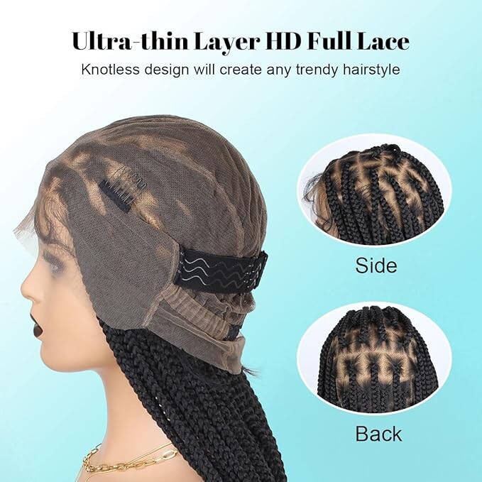 Lace front braided Knotless Box Braid Wig HD Single Layer 36” Long Natural Black