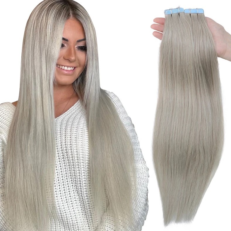Invisible Tape in 100% Remy Human Hair Extensions Fusion Hair SLIVER Grey 50g