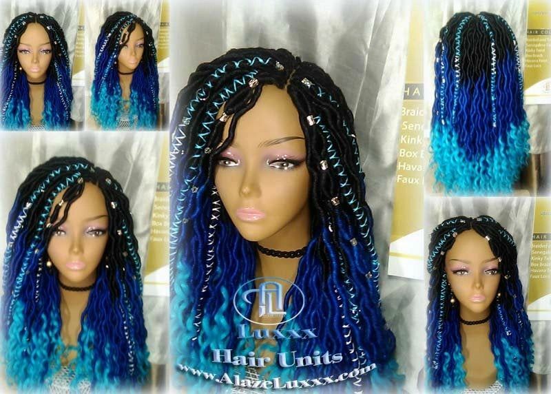 Goddess Faux Locs Blue Ombre curly long wig synthetic dreads braids Mermaid Hair