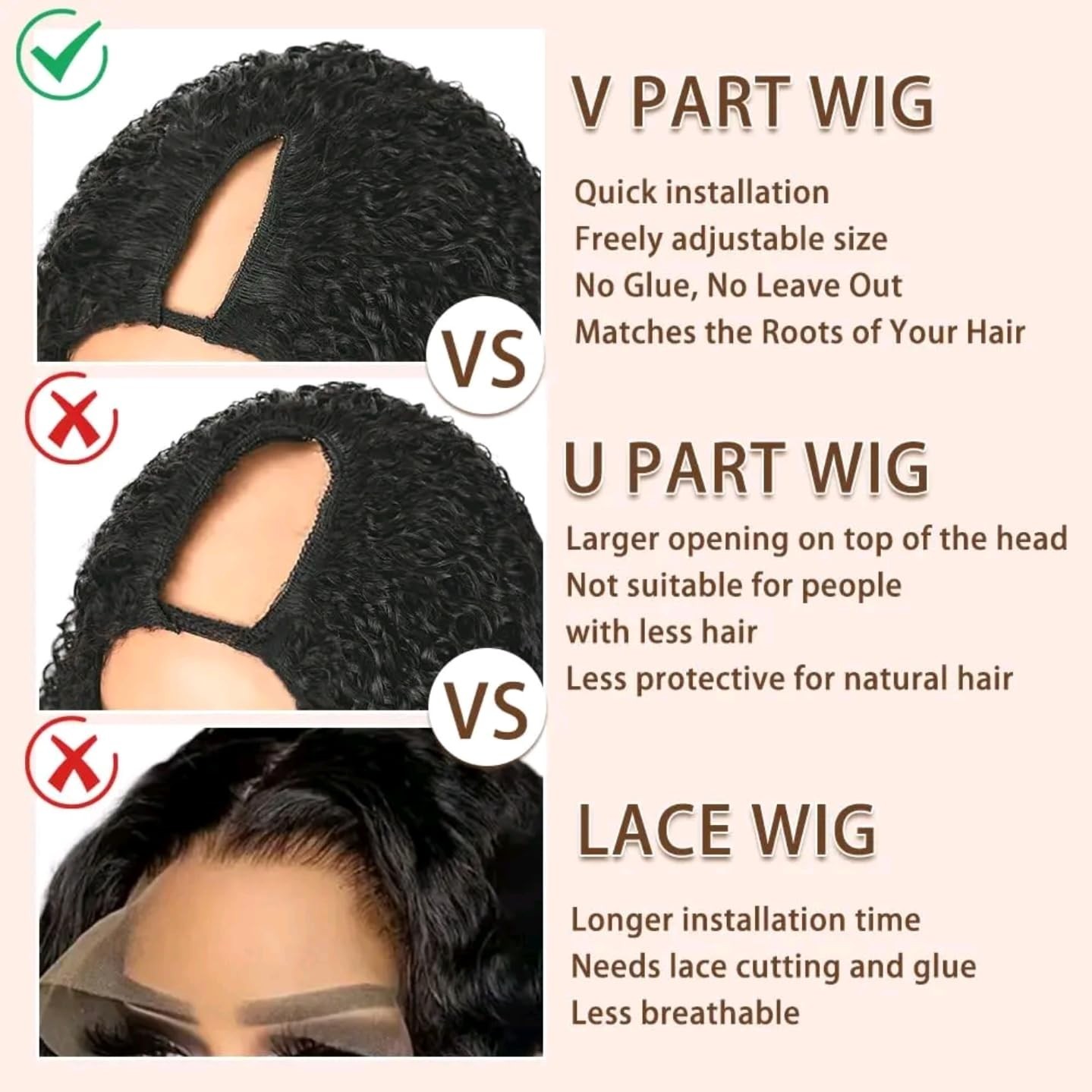 18″ Curly V Part Wig Human Hair, 200% Density, Glueless Clip-In, Natural Color